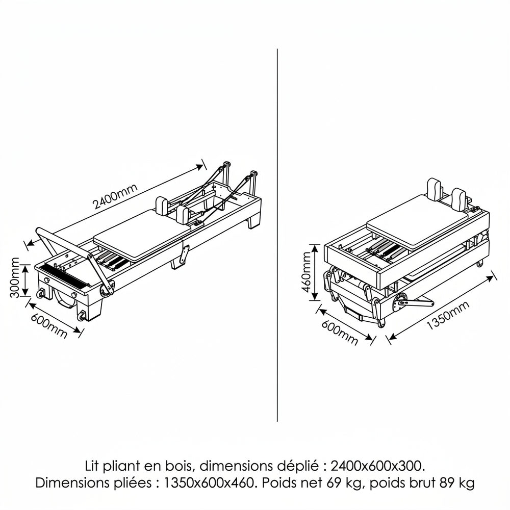 Dimensions Reformer Pilates Pliable Bois Massif – Cuir Végétal